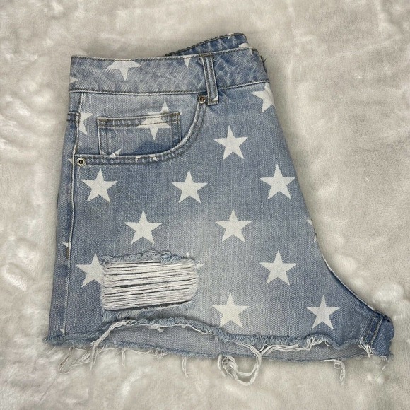 Forever 21 Blue & White Star Print Distressed Denim High-Rise CutOff Jean Shorts - Picture 3 of 10